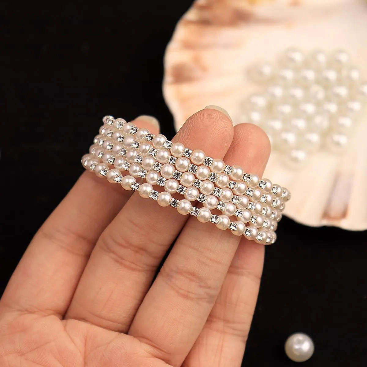 Elegant Rhinestone Pearl Bracelet Bangle Sparkling Crystal Multi-layered Wrist Band Bridal Statement Wristlet for Women