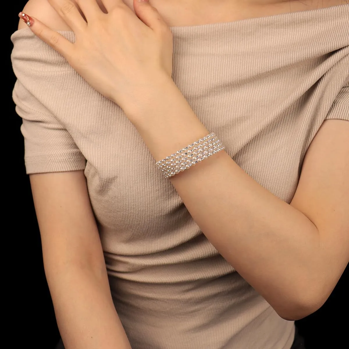 Elegant Rhinestone Pearl Bracelet Bangle Sparkling Crystal Multi-layered Wrist Band Bridal Statement Wristlet for Women