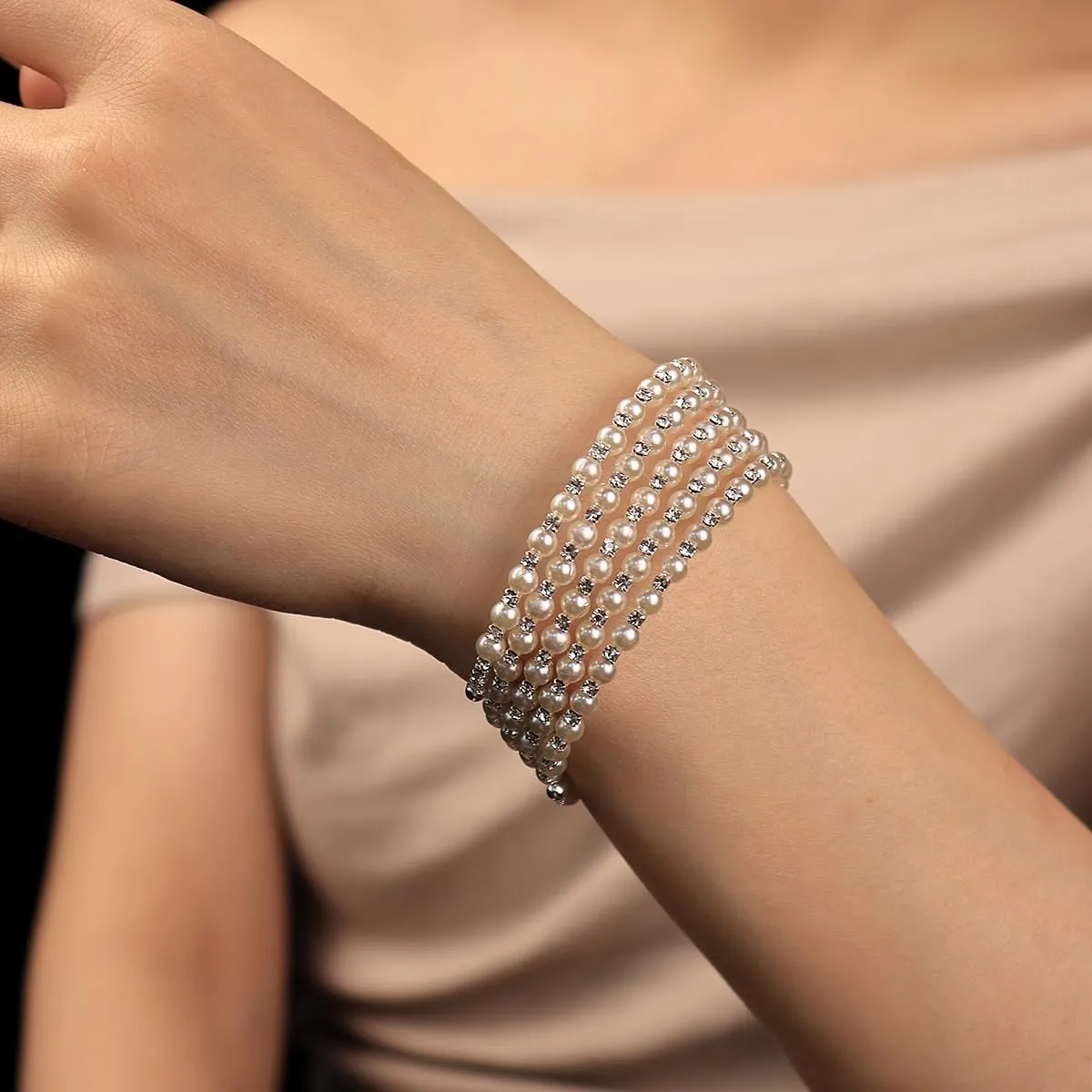Elegant Rhinestone Pearl Bracelet Bangle Sparkling Crystal Multi-layered Wrist Band Bridal Statement Wristlet for Women
