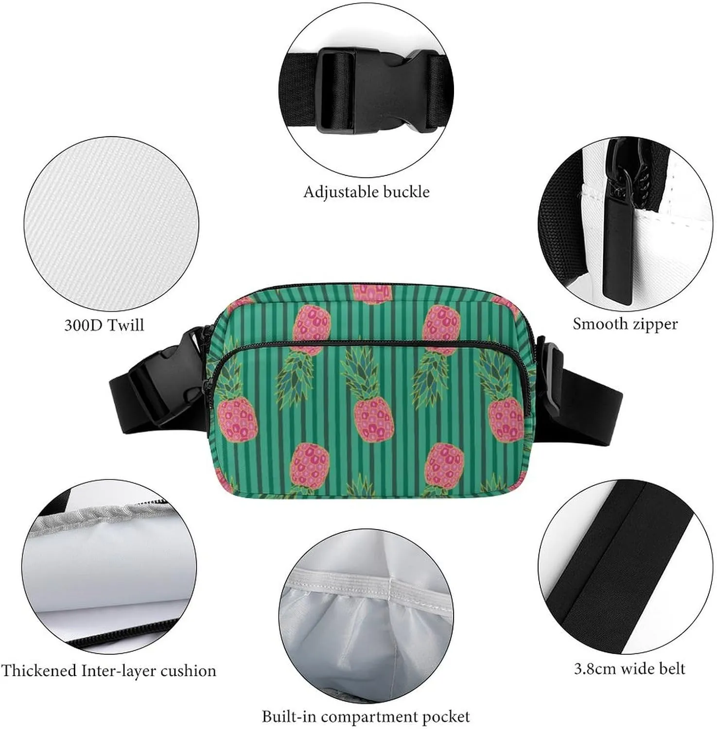 Fanny Pack for Women Men Fresh Pink Pineapple Belt Bag Black Green Stripes Waist Pack Bum Bag for Running Cycling Hiking Travel Workout with Adjustable Strap