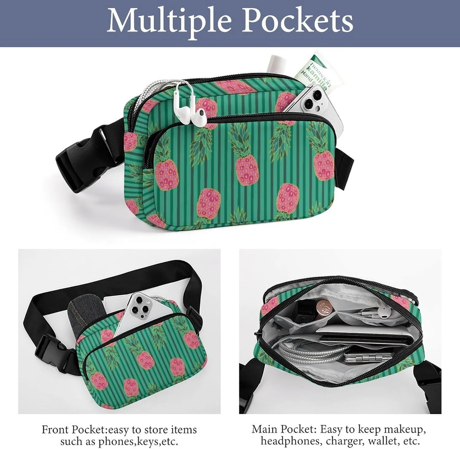 Fanny Pack for Women Men Fresh Pink Pineapple Belt Bag Black Green Stripes Waist Pack Bum Bag for Running Cycling Hiking Travel Workout with Adjustable Strap