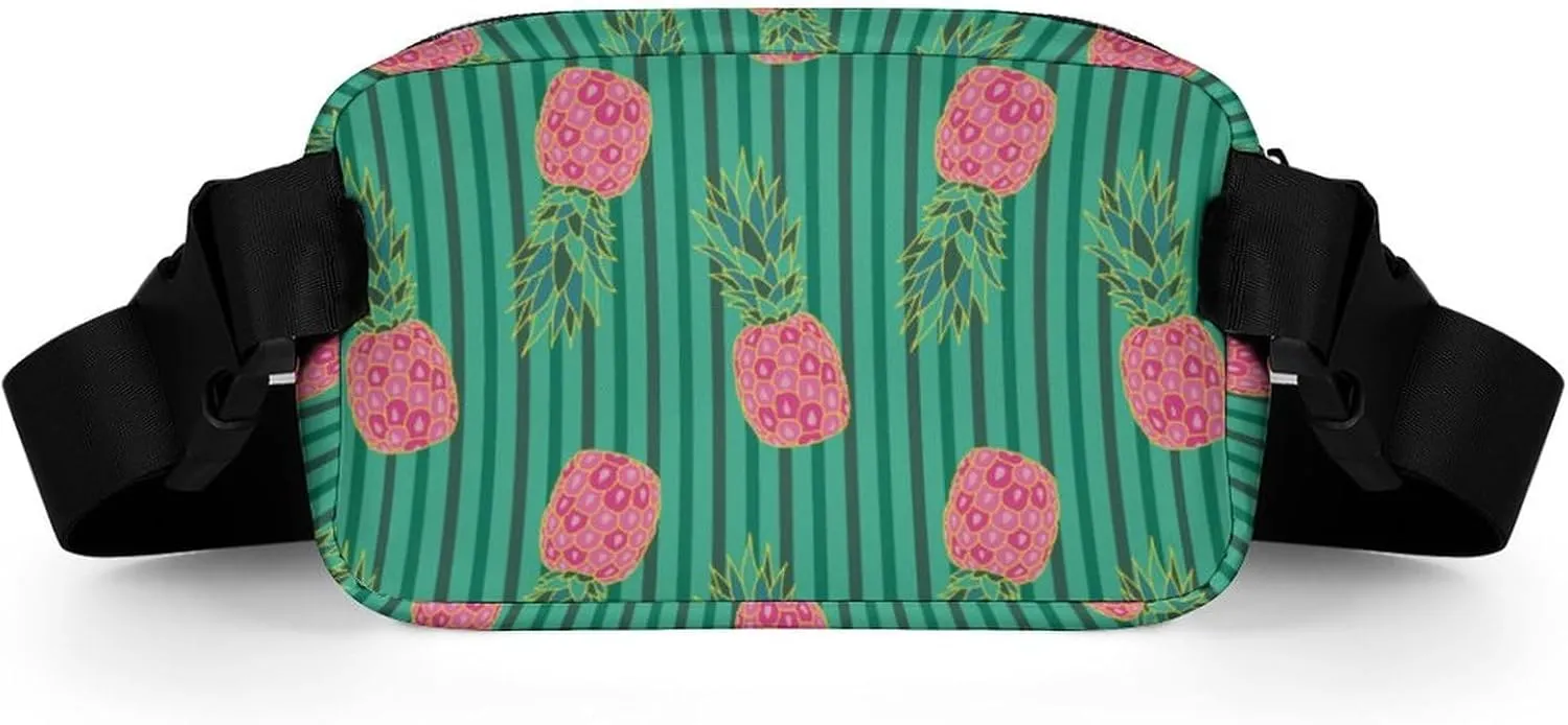 Fanny Pack for Women Men Fresh Pink Pineapple Belt Bag Black Green Stripes Waist Pack Bum Bag for Running Cycling Hiking Travel Workout with Adjustable Strap