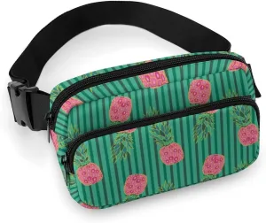 Fanny Pack for Women Men Fresh Pink Pineapple Belt Bag Black Green Stripes Waist Pack Bum Bag for Running Cycling Hiking Travel Workout with Adjustable Strap