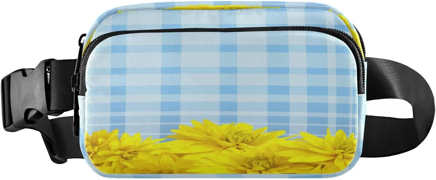 Fanny Packs for Women Men Fresh Yellow Flowers Petals Belt Bag Waist Pouch Packs Plaid Daisy Crossbody Bag Running Hiking Fanny Pack Gifts for Girls Boys