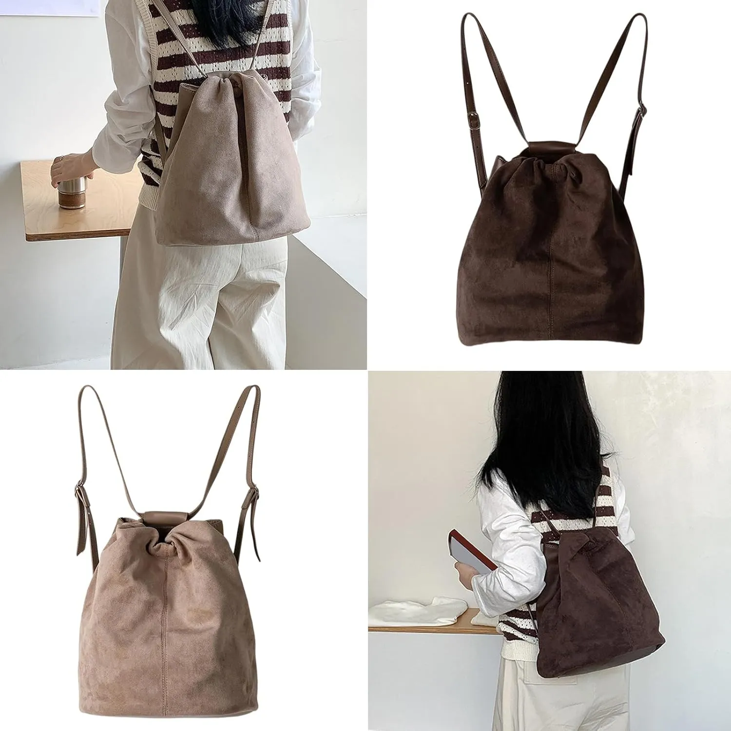 Fashion Bucket Bags Backpack for Women Drawstring Shoulder Bag Handbag with Detachable Strap Large Capacity Daycpack