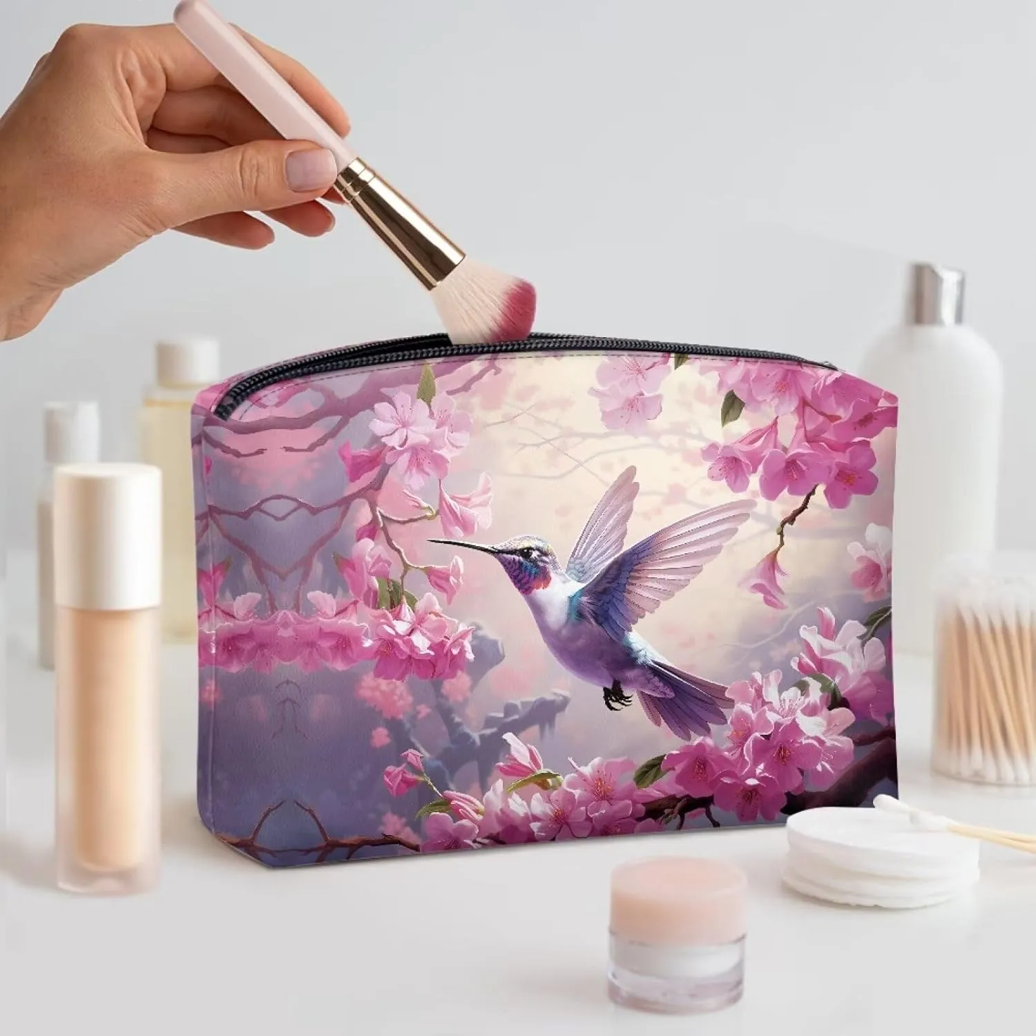 Flashideas Hummingbird Makeup Bag Travel Makeup Bag Organizer PU Leather Portable Versatile Zipper Pouch For Women Durable Lightweight Birthday Gifts for Sisters Friend