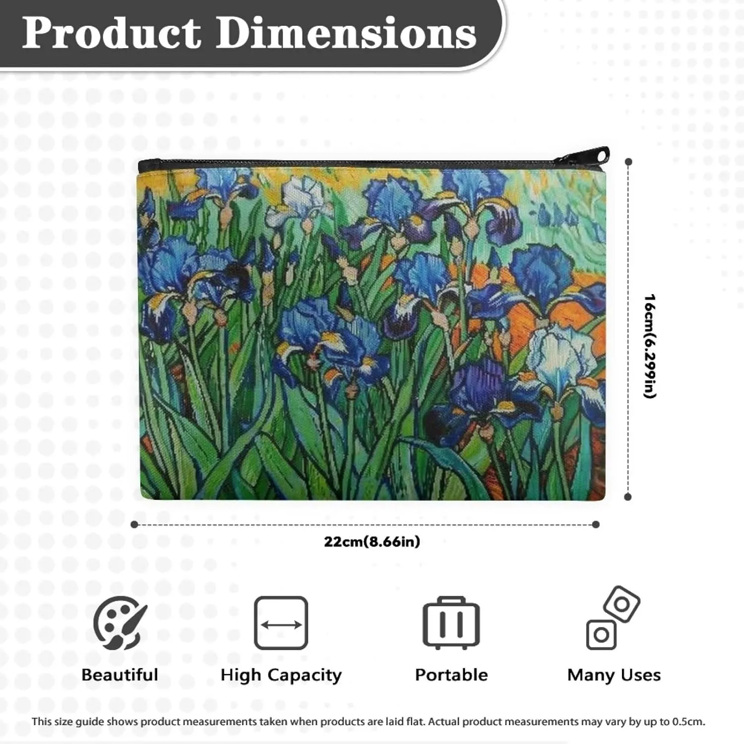 Flashideas Van Gogh Iris Makeup Bag for Purse Travel Cosmetic Bag Makeup Pouch Easy to Take Portable Versatile Zipper Pouch For Women Portable Leather Waterproof Cosmetic Bag