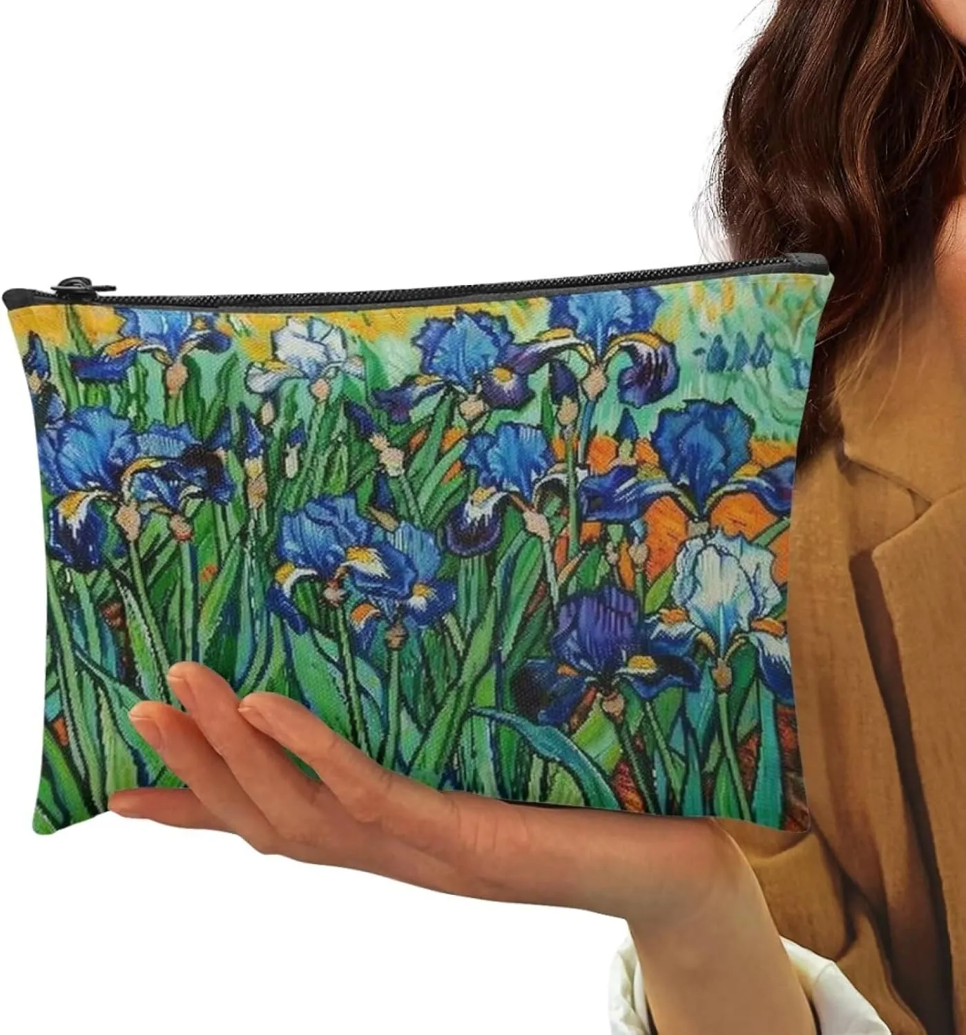 Flashideas Van Gogh Iris Makeup Bag for Purse Travel Cosmetic Bag Makeup Pouch Easy to Take Portable Versatile Zipper Pouch For Women Portable Leather Waterproof Cosmetic Bag