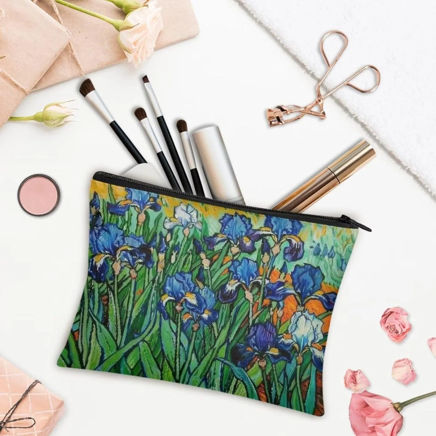 Flashideas Van Gogh Iris Makeup Bag for Purse Travel Cosmetic Bag Makeup Pouch Easy to Take Portable Versatile Zipper Pouch For Women Portable Leather Waterproof Cosmetic Bag