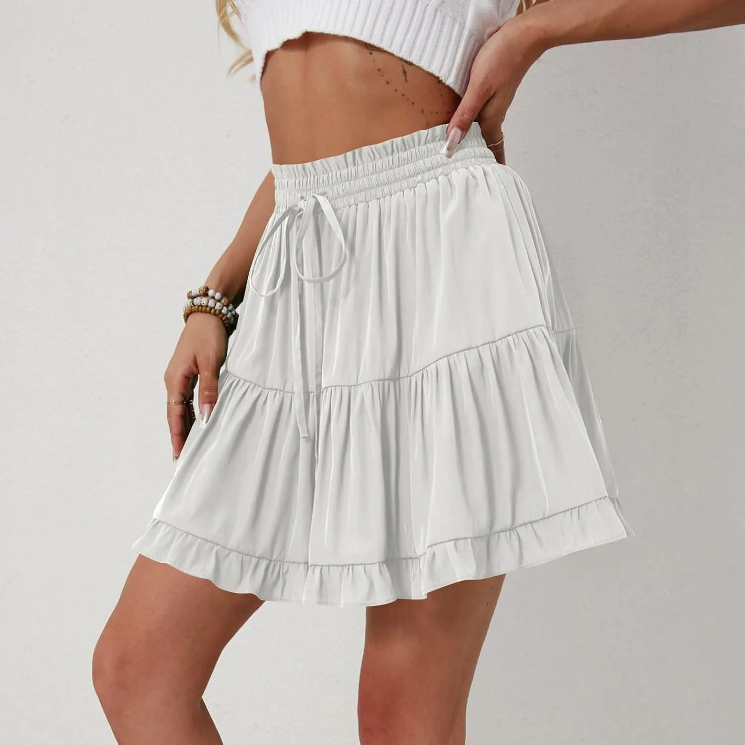 Flowy Shorts for Women Boho Ruffled Tiered Swing Beach Skorts Drawstring High Waisted Tennis Golf Y2K Short Skirt
