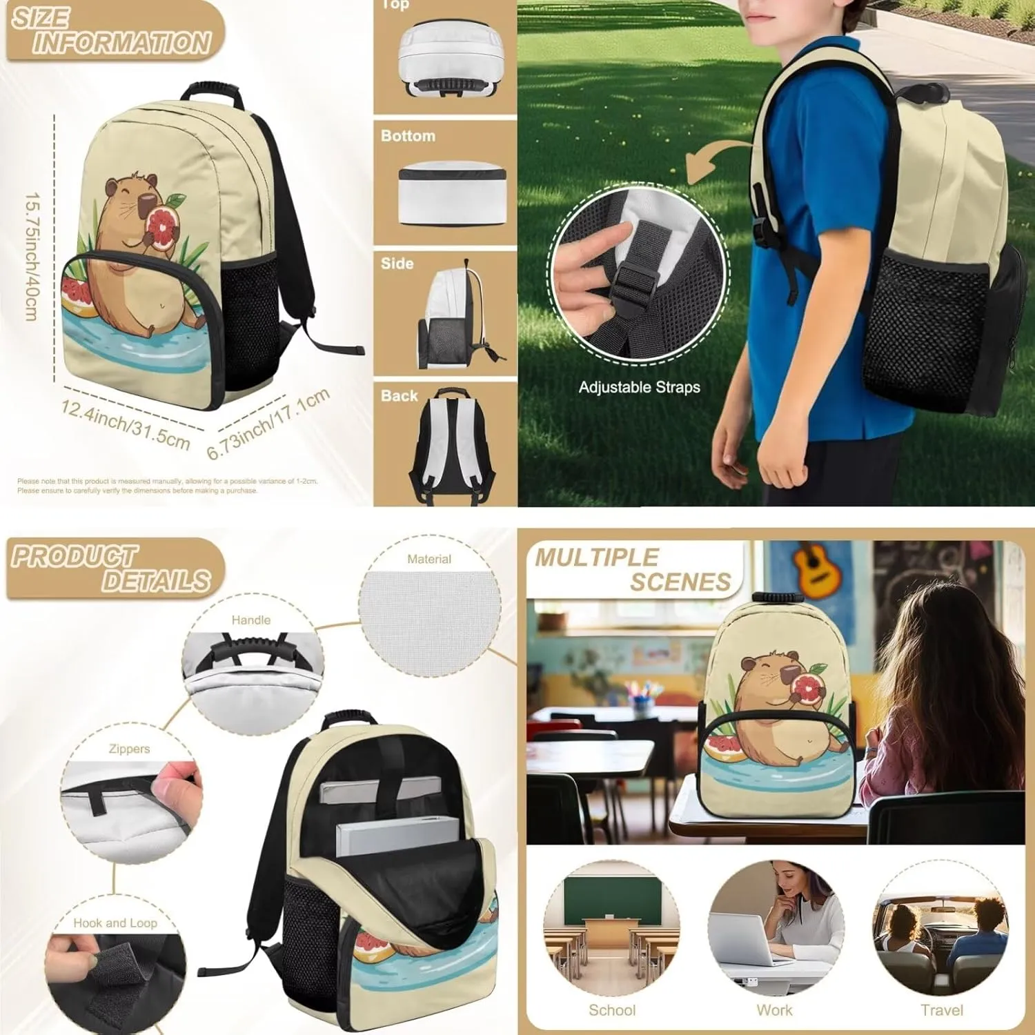 FOR U DESIGNS Capybara Backpack for School Lovely 15 Inch Toddler Book Bag and Lunch Box Set for Girls Versatile 4 Piece School Backpacks for Teens Girls Outdoor Activities 1st Grade