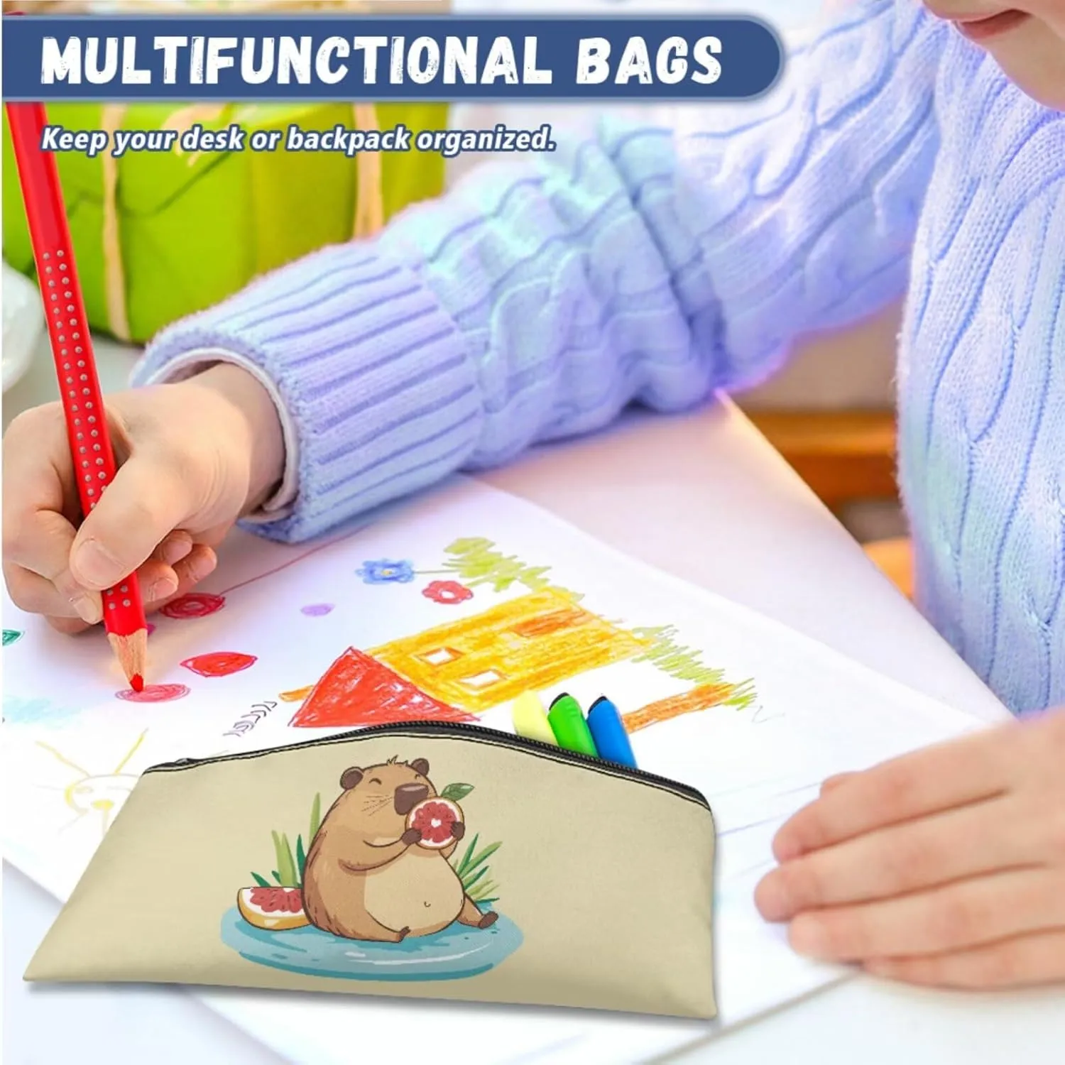FOR U DESIGNS Capybara Backpack for School Lovely 15 Inch Toddler Book Bag and Lunch Box Set for Girls Versatile 4 Piece School Backpacks for Teens Girls Outdoor Activities 1st Grade