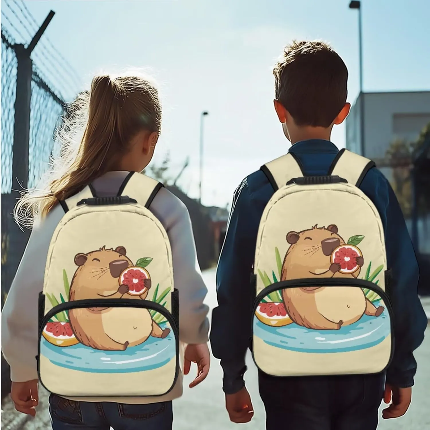 FOR U DESIGNS Capybara Backpack for School Lovely 15 Inch Toddler Book Bag and Lunch Box Set for Girls Versatile 4 Piece School Backpacks for Teens Girls Outdoor Activities 1st Grade