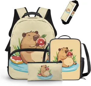 FOR U DESIGNS Capybara Backpack for School Lovely 15 Inch Toddler Book Bag and Lunch Box Set for Girls Versatile 4 Piece School Backpacks for Teens Girls Outdoor Activities 1st Grade