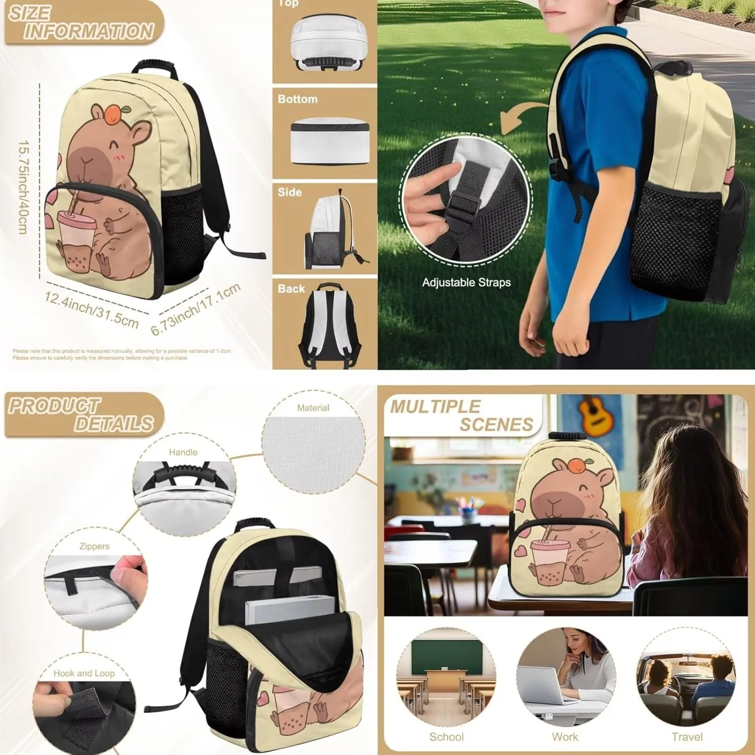 FOR U DESIGNS Capybara Backpack for School Versatile 15 Inch Kids Book Bag and Lunch Box Set Large Capacity 4pc School Backpacks for Girls 11-14 Outdoor Activities 3rd Grade Schoolbag