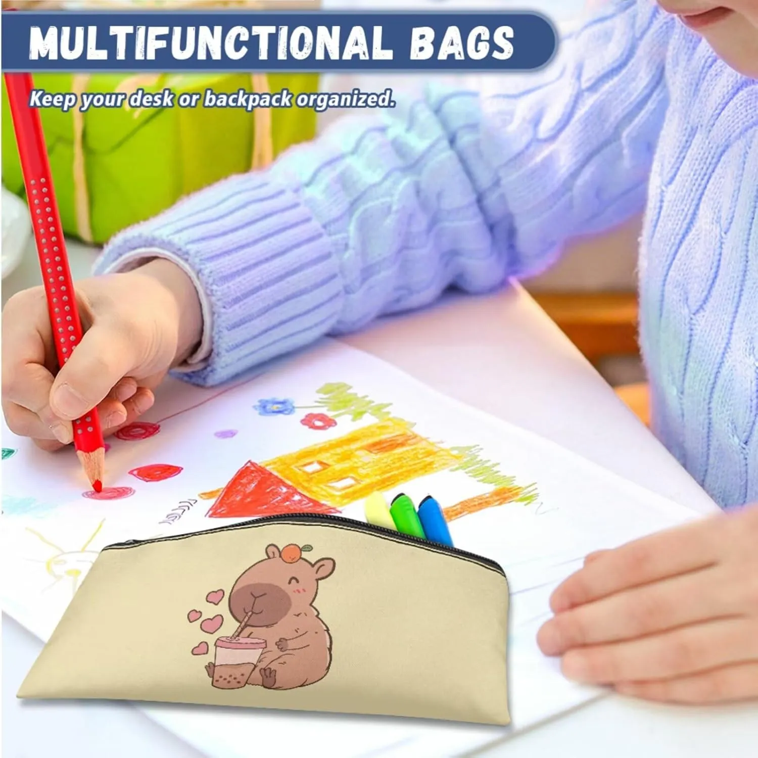 FOR U DESIGNS Capybara Backpack for School Versatile 15 Inch Kids Book Bag and Lunch Box Set Large Capacity 4pc School Backpacks for Girls 11-14 Outdoor Activities 3rd Grade Schoolbag