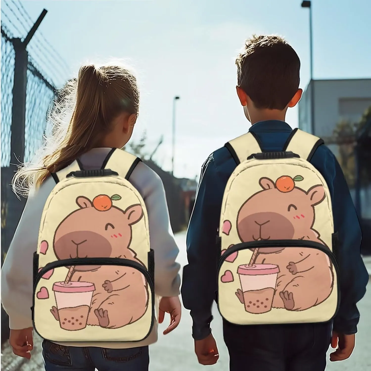 FOR U DESIGNS Capybara Backpack for School Versatile 15 Inch Kids Book Bag and Lunch Box Set Large Capacity 4pc School Backpacks for Girls 11-14 Outdoor Activities 3rd Grade Schoolbag