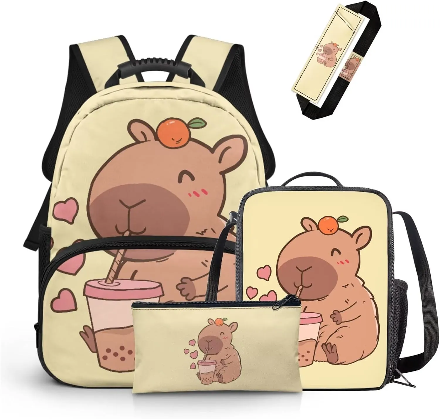 FOR U DESIGNS Capybara Backpack for School Versatile 15 Inch Kids Book Bag and Lunch Box Set Large Capacity 4pc School Backpacks for Girls 11-14 Outdoor Activities 3rd Grade Schoolbag