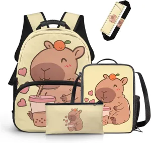 FOR U DESIGNS Capybara Backpack for School Versatile 15 Inch Kids Book Bag and Lunch Box Set Large Capacity 4pc School Backpacks for Girls 11-14 Outdoor Activities 3rd Grade Schoolbag