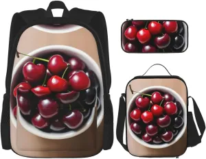 Fresh Cherry Print Stylish Travel Backpack And Lunch Box Set,600d Oxford Fabric,With Insulated Lunch Bag