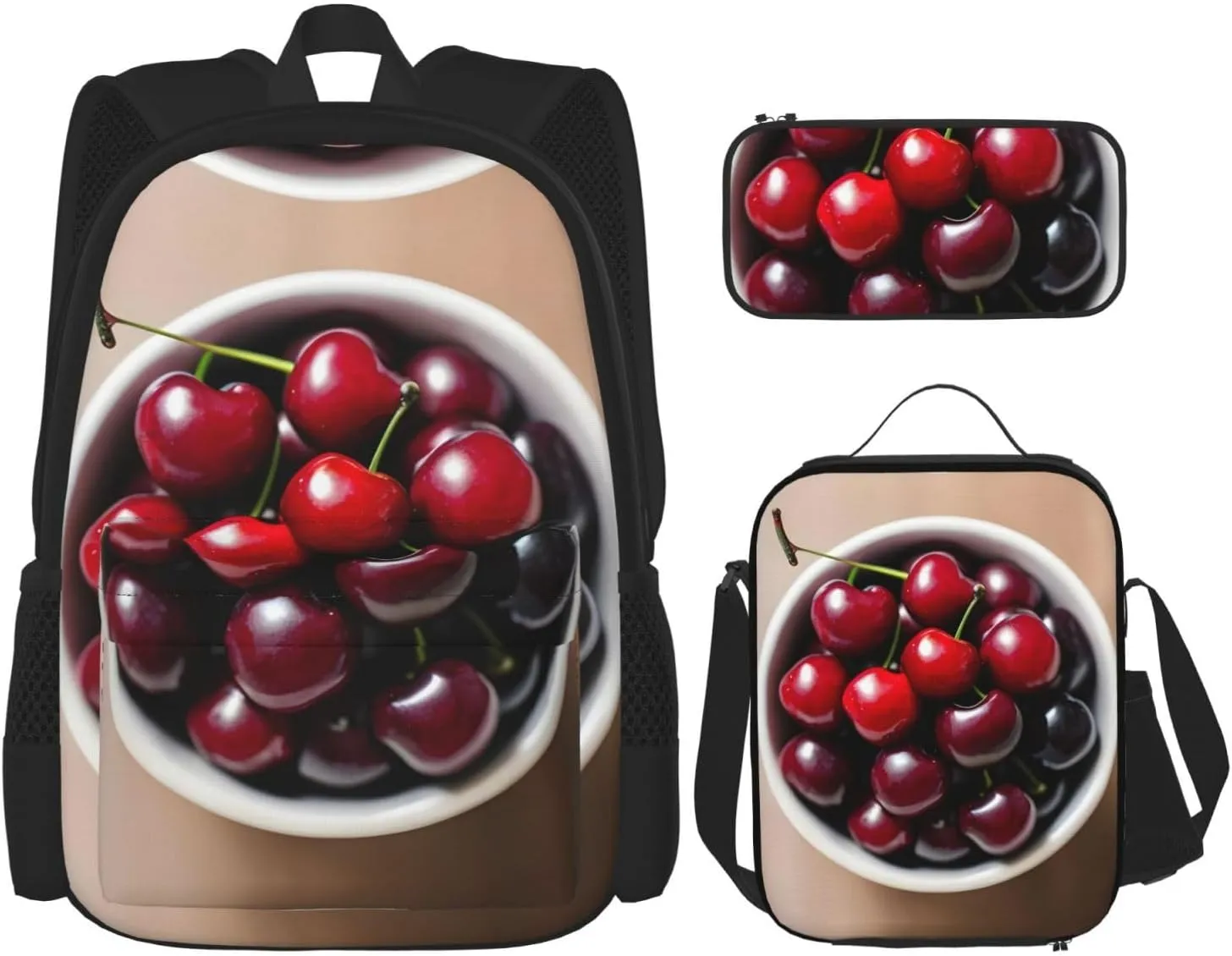 Fresh Cherry Print Stylish Travel Backpack And Lunch Box Set,600d Oxford Fabric,With Insulated Lunch Bag