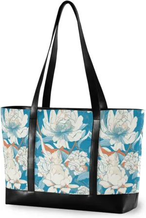 Fresh Floral Pattern White Blue Art Deco Style Sturdy bag with laptop with zipper bags for women tote professional for commuter with nurse work bolsos para mujeres