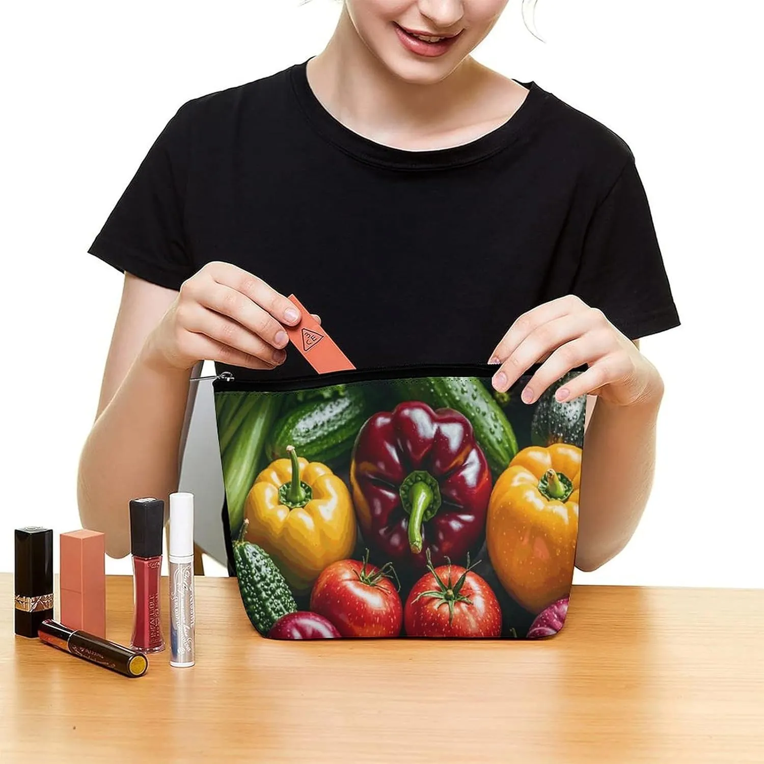 Fresh Vegetables Fruits Cosmetic Bag Portable Toiletry Bag Large Capacity Travel Makeup Bags Beauty Makeup Organizer for Full-Sized Shampoo Conditioner Brushes Set Makeup Accessories