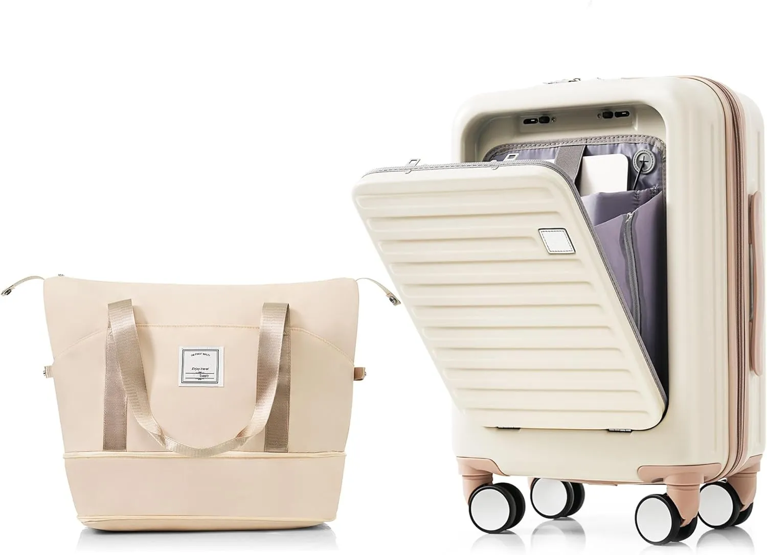 Front Opening 20-Inch Carry-On Luggage with Expandable Travel Bag Set, ABS Hard Shell Two-piece suitcase set with USB Port, Cup Holder (Ivory2)