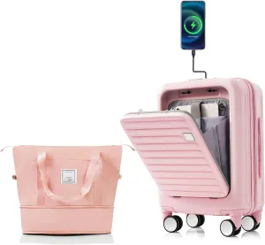 Front Opening 20-Inch Carry-On Luggage with Expandable Travel Bag Set, ABS Hard Shell Two-piece suitcase set with USB Port, Cup Holder, pink
