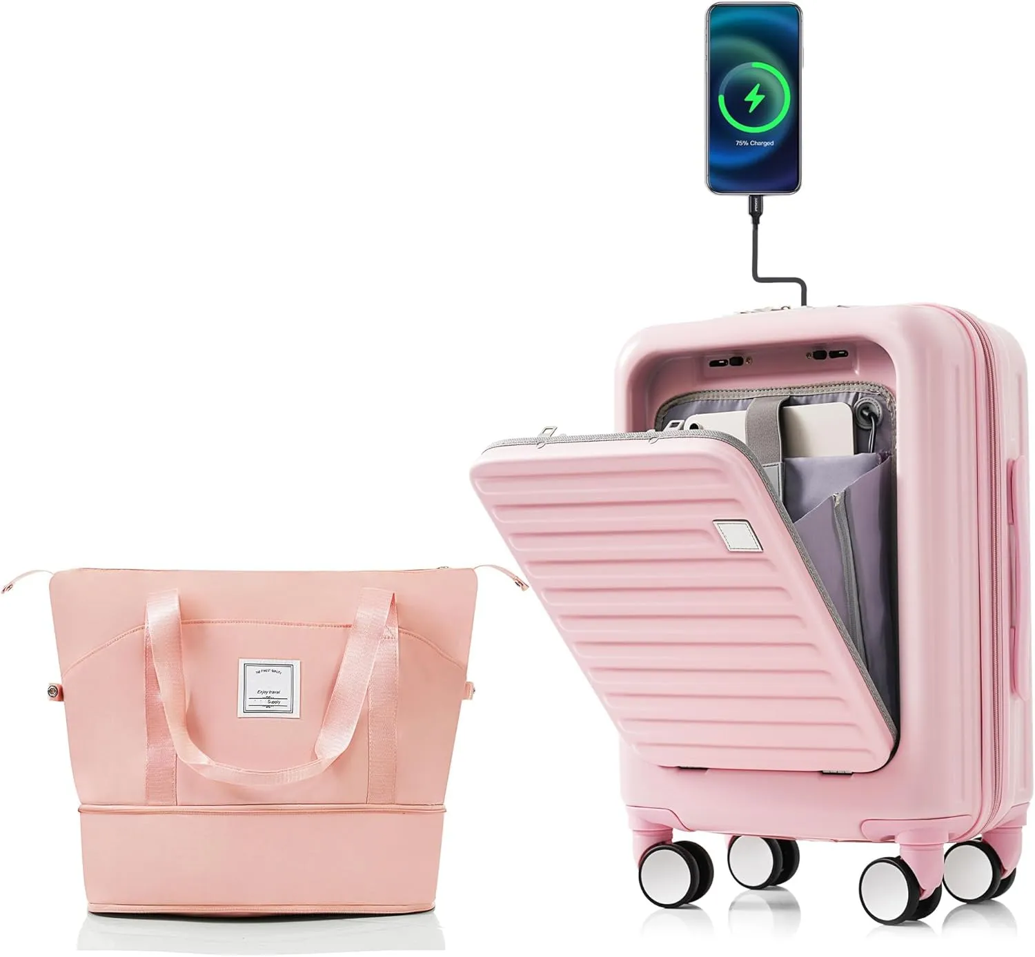 Front Opening 20-Inch Carry-On Luggage with Expandable Travel Bag Set, ABS Hard Shell Two-piece suitcase set with USB Port, Cup Holder, pink