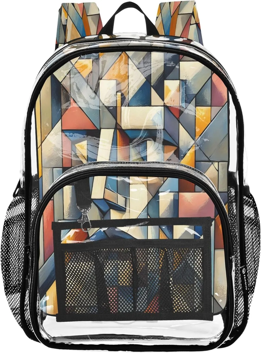 Geometric Face Beige Girls Bag, Large Clear Bag, See through Bag