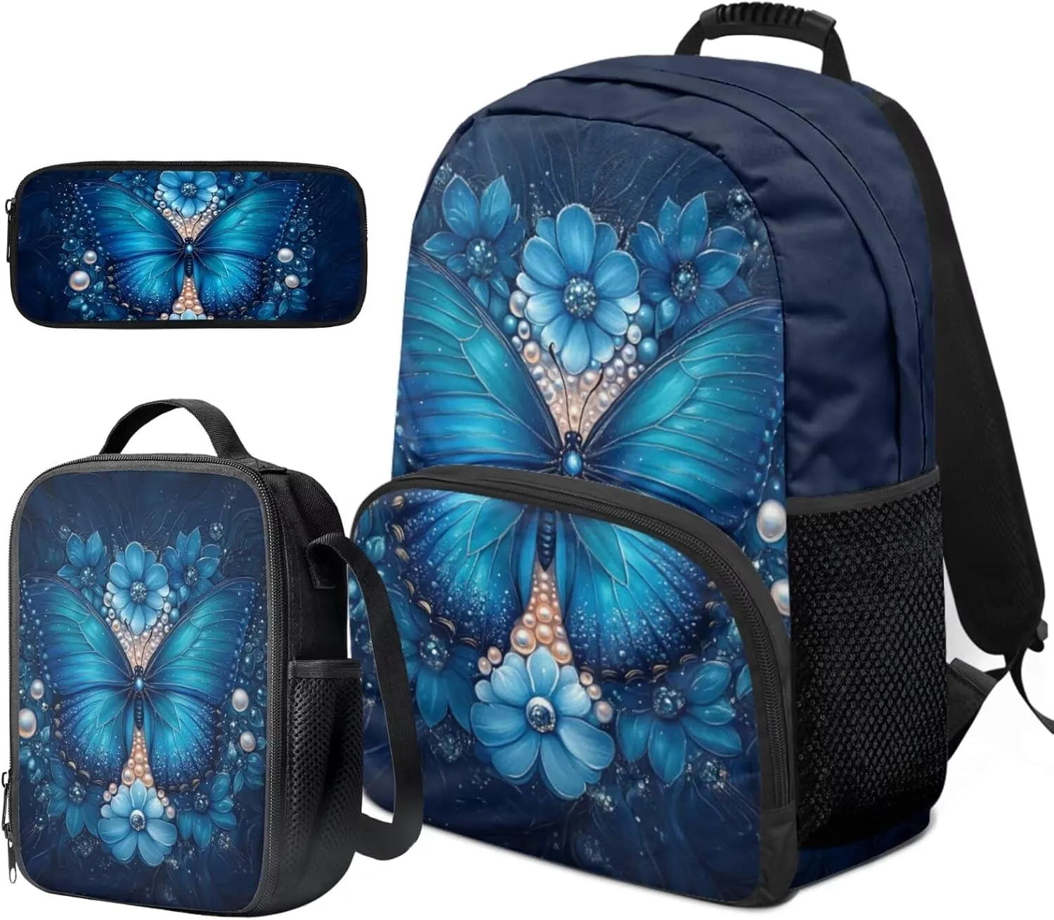 Girls Butterfly Backpack with Lunch Box Lightweight Versatile Bookbag for Teen Girls in Middle School Set of 3 Classic Pencil Case with Flower Design