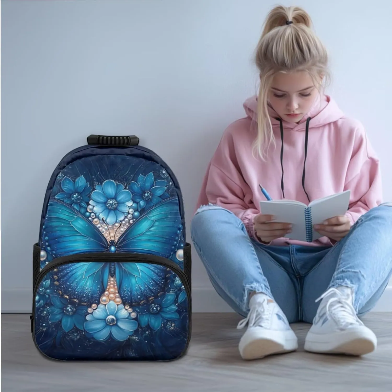 Girls Butterfly Backpack with Lunch Box Lightweight Versatile Bookbag for Teen Girls in Middle School Set of 3 Classic Pencil Case with Flower Design