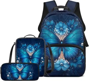 Girls Butterfly Backpack with Lunch Box Lightweight Versatile Bookbag for Teen Girls in Middle School Set of 3 Classic Pencil Case with Flower Design
