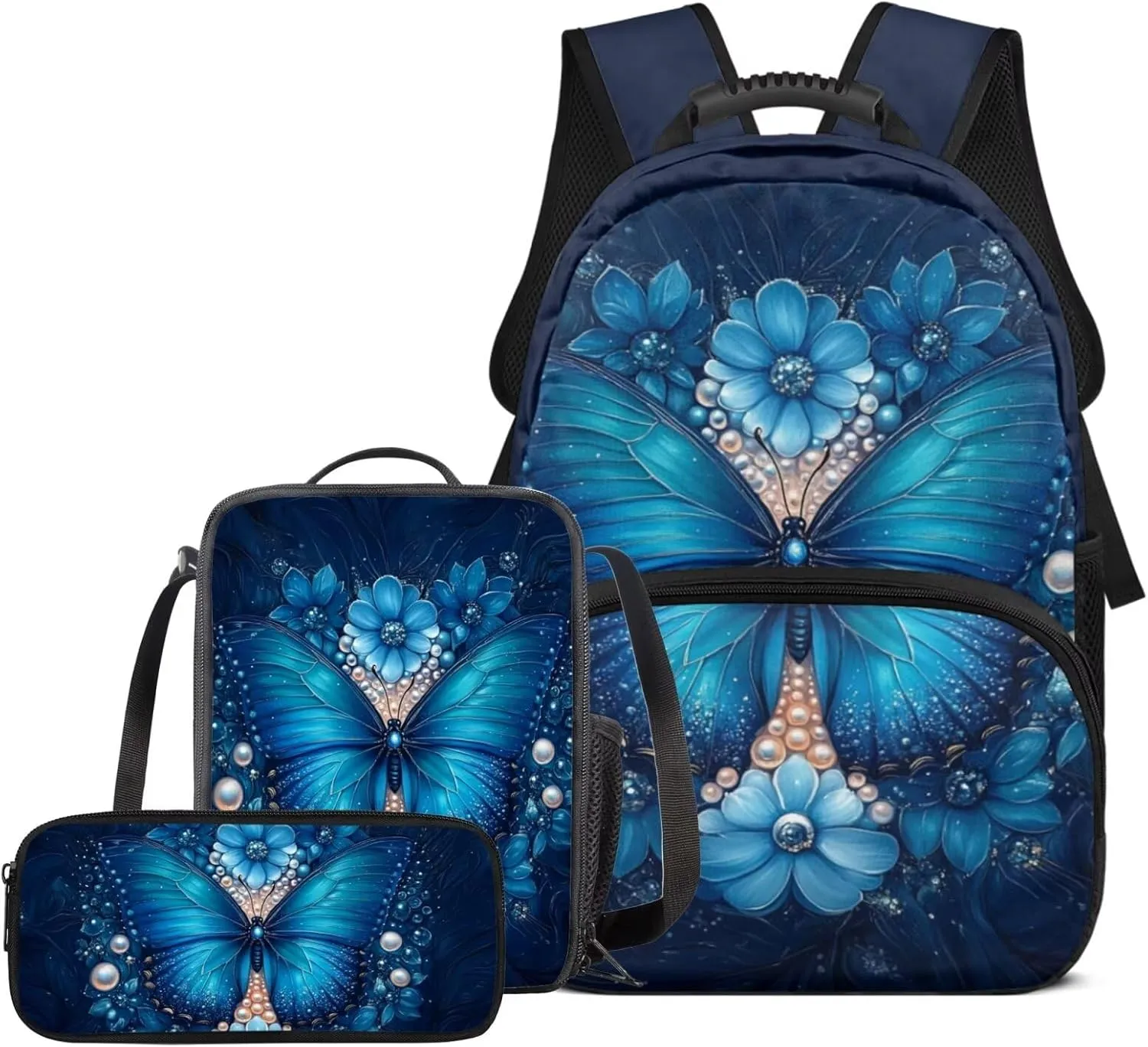 Girls Butterfly Backpack with Lunch Box Lightweight Versatile Bookbag for Teen Girls in Middle School Set of 3 Classic Pencil Case with Flower Design
