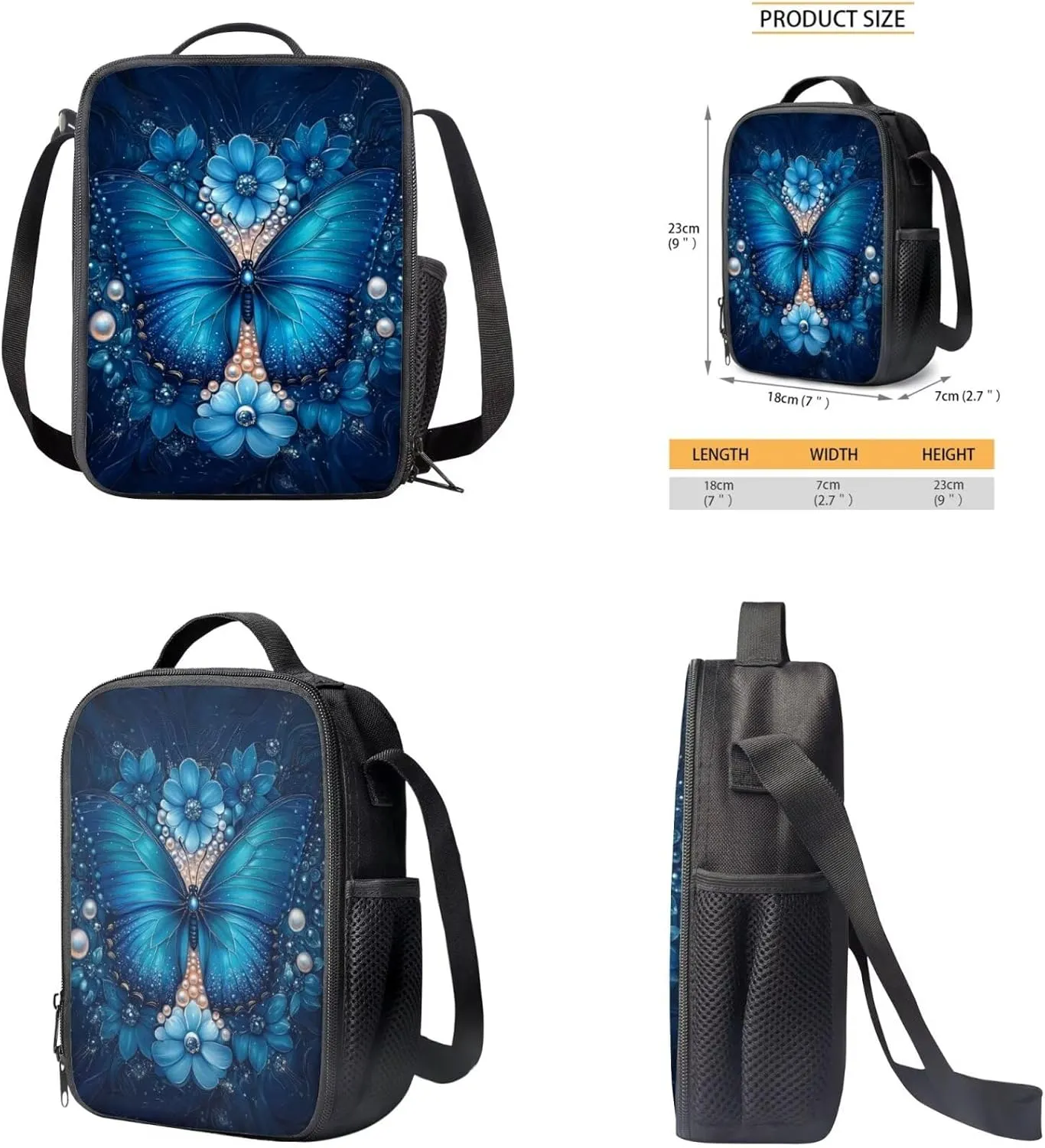 Girls Butterfly Backpack with Lunch Box Lightweight Versatile Bookbag for Teen Girls in Middle School Set of 3 Classic Pencil Case with Flower Design