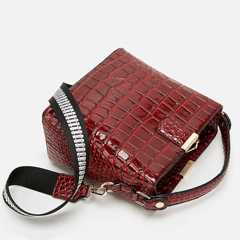 Glossy Handbag for Women Crocodile Print Shoulder Bag Synthetic Leather Crossbody Bag Retro Purse Bucket Bags