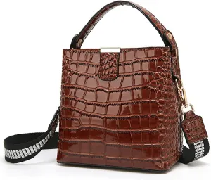 Glossy Handbag for Women Crocodile Print Shoulder Bag Synthetic Leather Crossbody Bag Retro Purse Bucket Bags