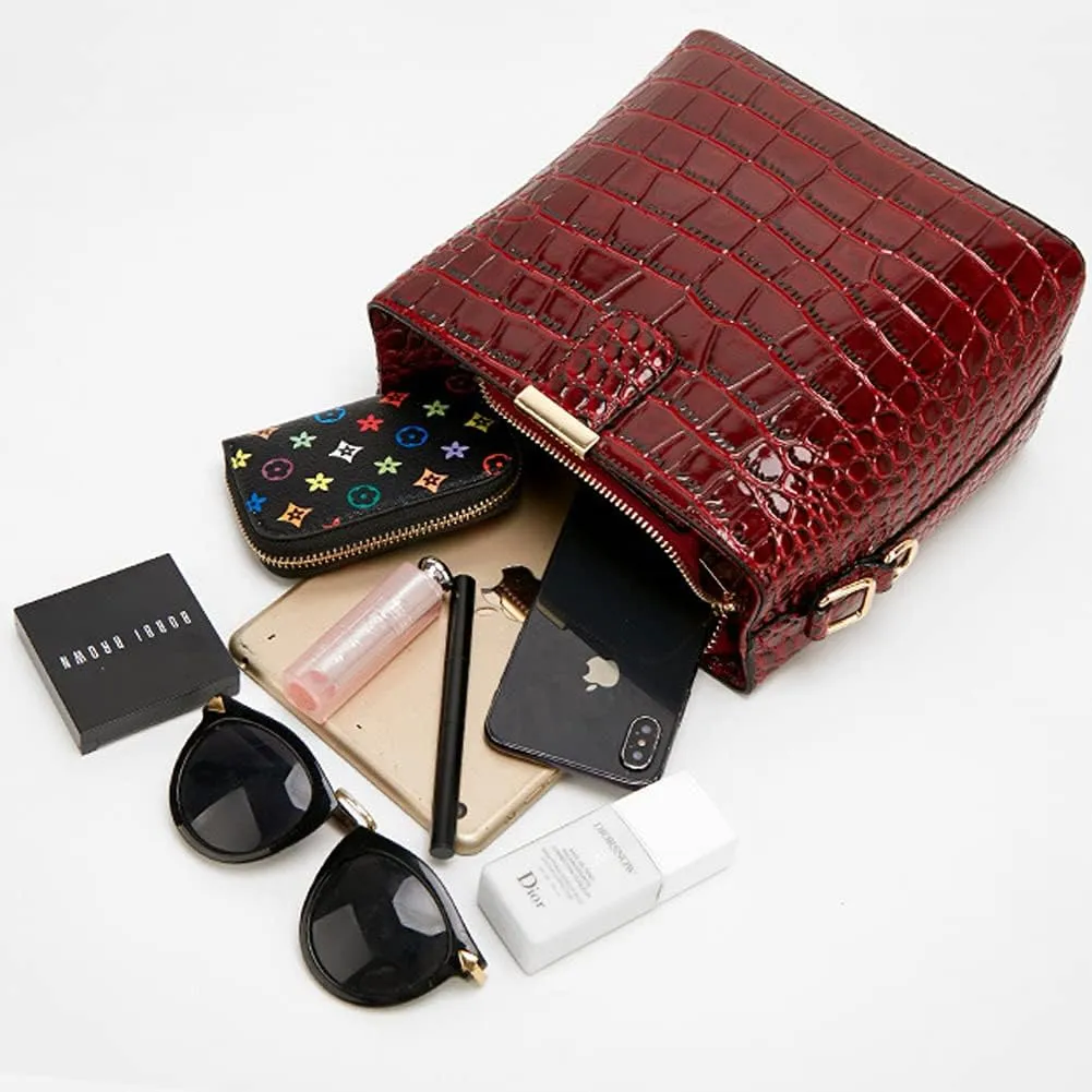 Glossy Handbag for Women Crocodile Print Shoulder Bag Synthetic Leather Crossbody Bag Retro Purse Bucket Bags