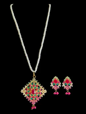 Gold plated ruby emerald  pendant set with fresh water pearls ( READY TO SHIP)