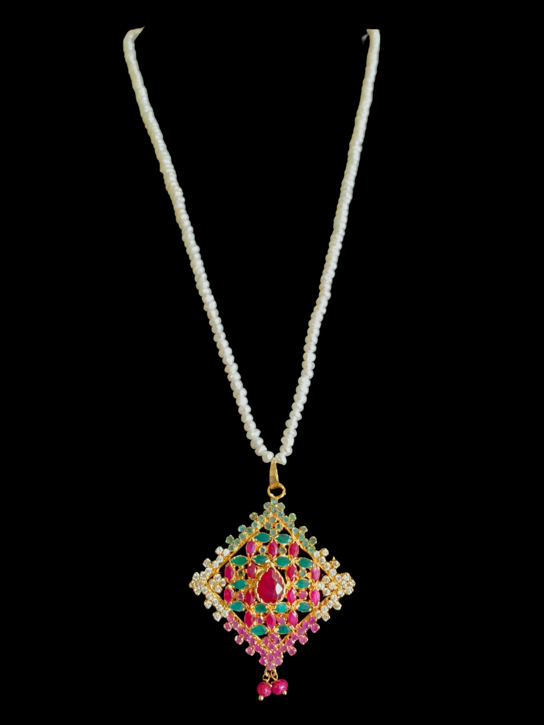Gold plated ruby emerald  pendant set with fresh water pearls ( READY TO SHIP)