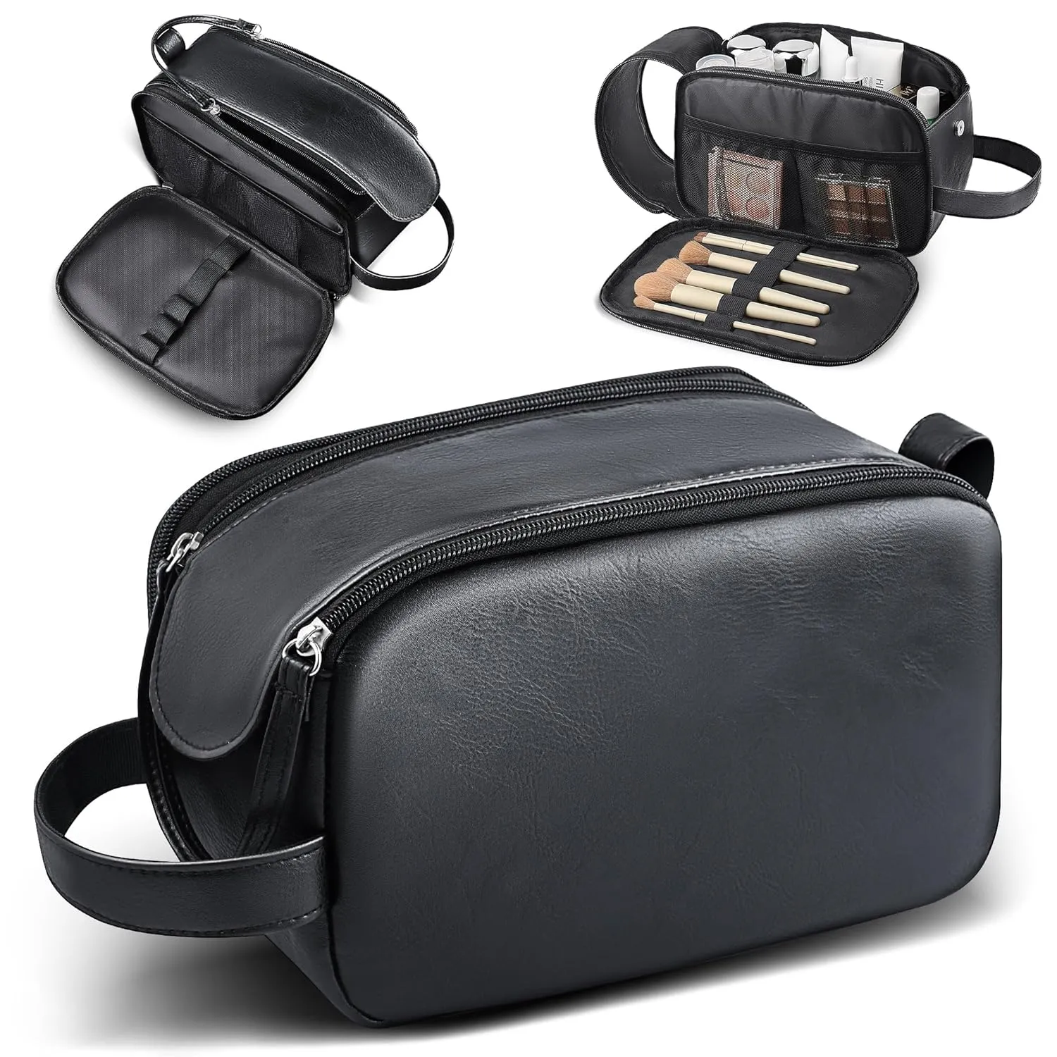 HOTOR Travel Toiletry Bag - Water Resistant Travel Essentials for Women and Men, Compact Leather Toiletries Organizer with Handle, Versatile Cruise Ship Essentials, Black, Medium