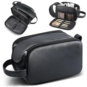 HOTOR Travel Toiletry Bag - Water Resistant Travel Essentials for Women and Men, Compact Leather Toiletries Organizer with Handle, Versatile Cruise Ship Essentials, Black, Medium