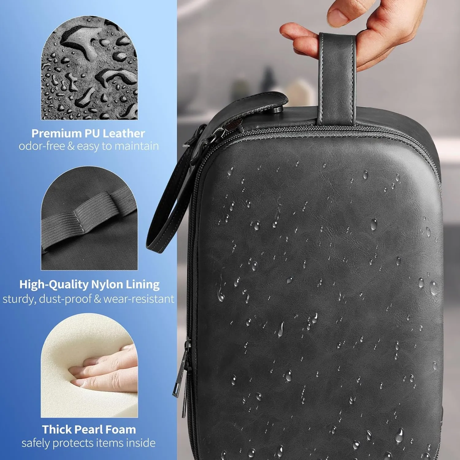 HOTOR Travel Toiletry Bag - Water Resistant Travel Essentials for Women and Men, Compact Leather Toiletries Organizer with Handle, Versatile Cruise Ship Essentials, Black, Medium