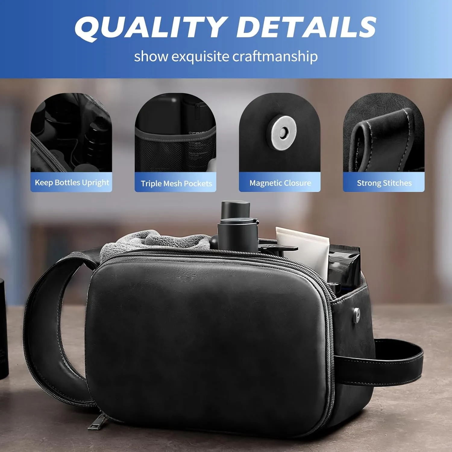 HOTOR Travel Toiletry Bag - Water Resistant Travel Essentials for Women and Men, Compact Leather Toiletries Organizer with Handle, Versatile Cruise Ship Essentials, Black, Small