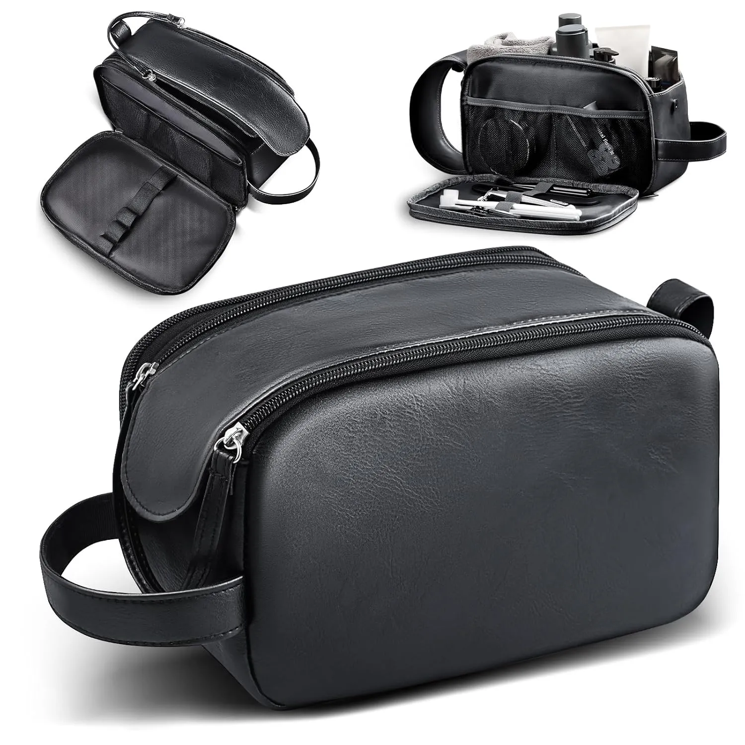 HOTOR Travel Toiletry Bag - Water Resistant Travel Essentials for Women and Men, Compact Leather Toiletries Organizer with Handle, Versatile Cruise Ship Essentials, Black, Small