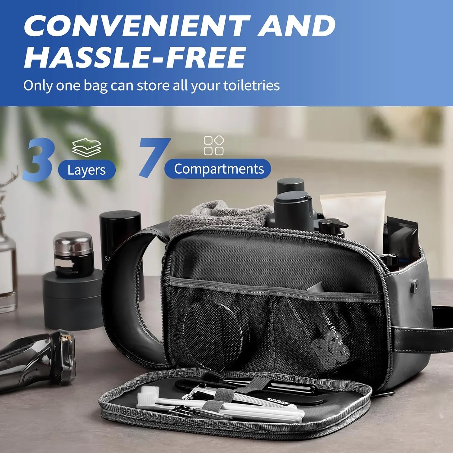 HOTOR Travel Toiletry Bag - Water Resistant Travel Essentials for Women and Men, Compact Leather Toiletries Organizer with Handle, Versatile Cruise Ship Essentials, Black, Small
