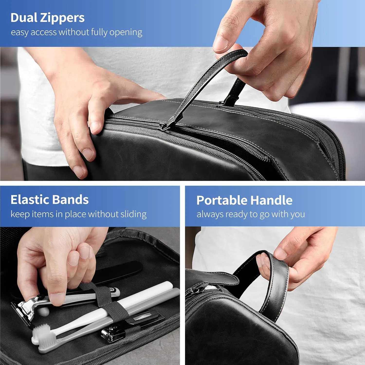 HOTOR Travel Toiletry Bag - Water Resistant Travel Essentials for Women and Men, Compact Leather Toiletries Organizer with Handle, Versatile Cruise Ship Essentials, Black, Small