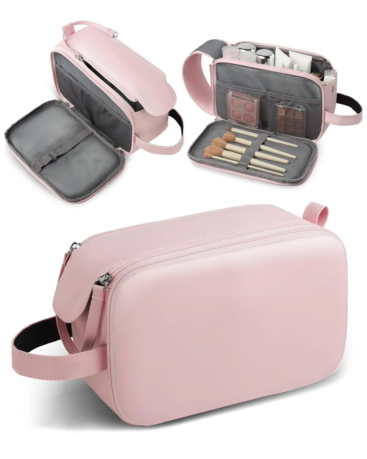 HOTOR Travel Toiletry Bag - Water Resistant Travel Essentials for Women and Men, Compact Leather Toiletries Organizer with Handle, Versatile Cruise Ship Essentials, Pink, Medium