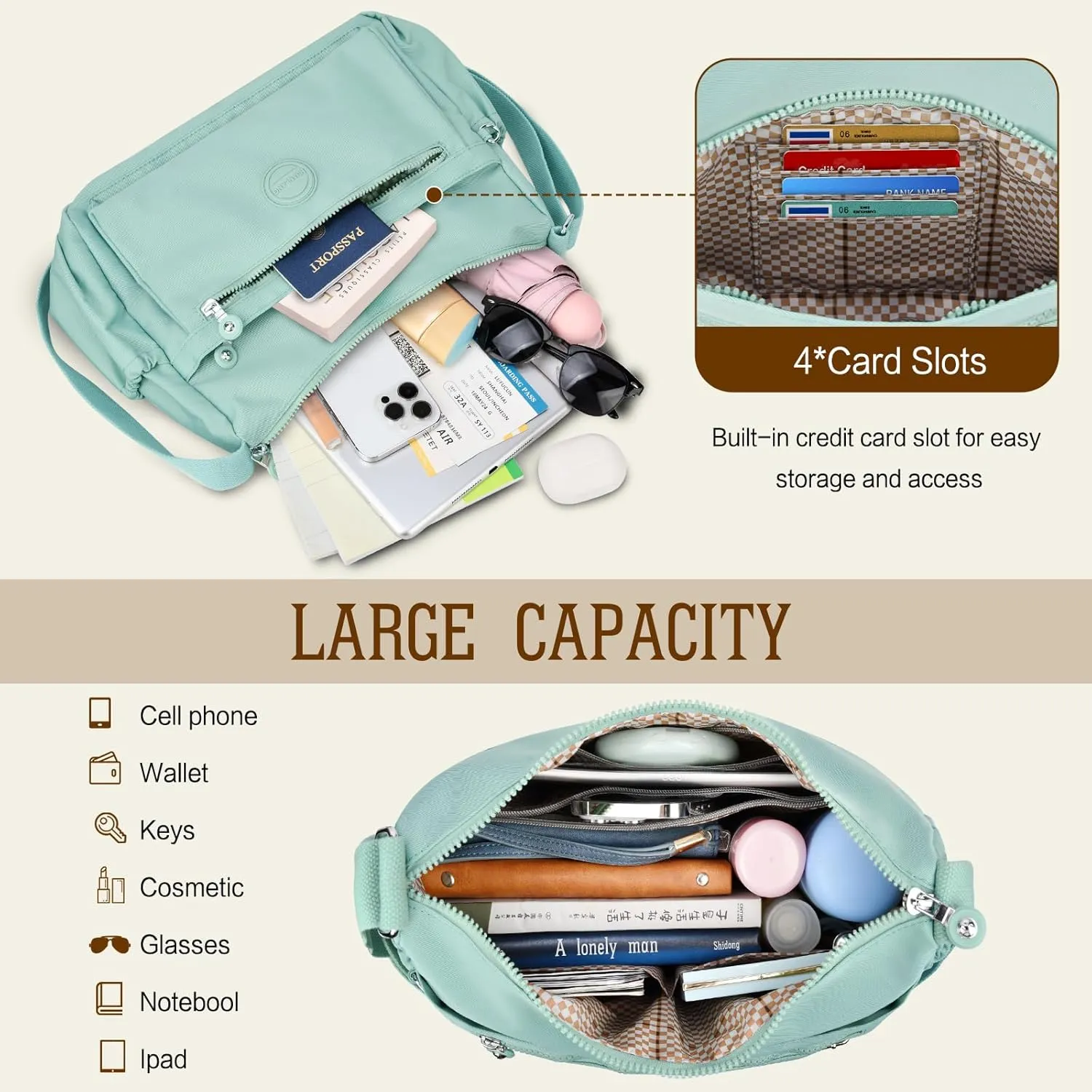 HUANLANG Nylon Crossbody Bags for Women Large Lightweight Travel Purse Women's Pocketbooks Multi Pocket Shoulder Bag